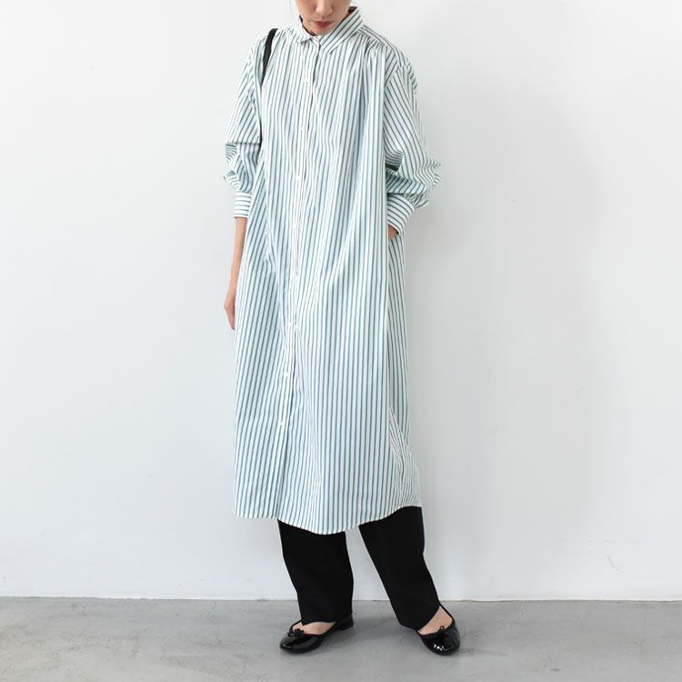 stripe gather shoulder wide one-piece ストライプギャザーショルダーワイドワンピース