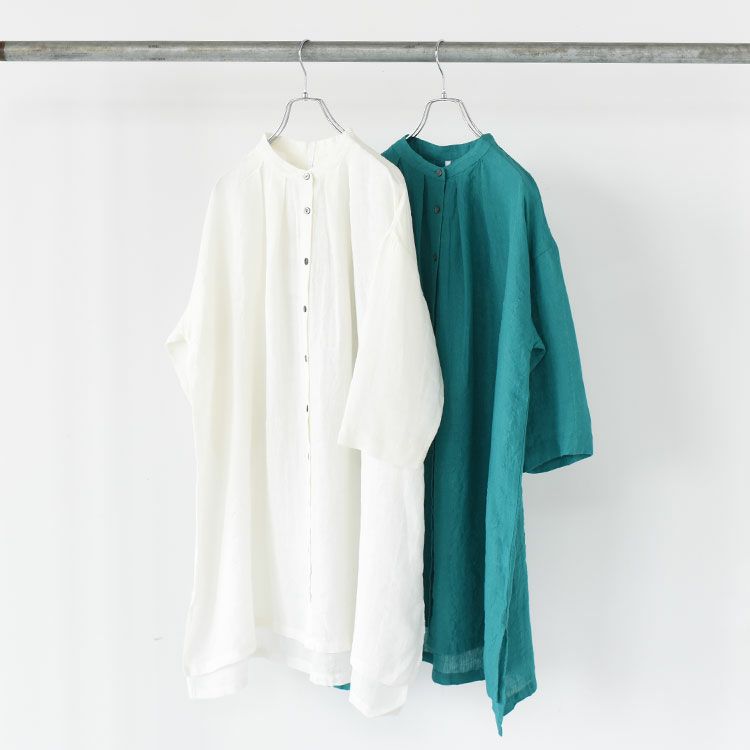リネンサッカーバンドカラーロングブラウス