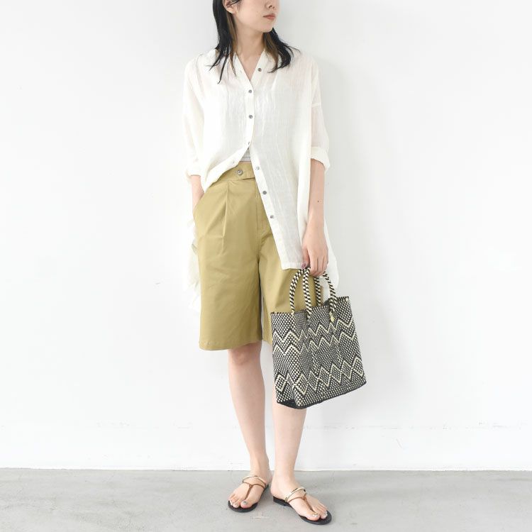 リネンサッカーバンドカラーロングブラウス