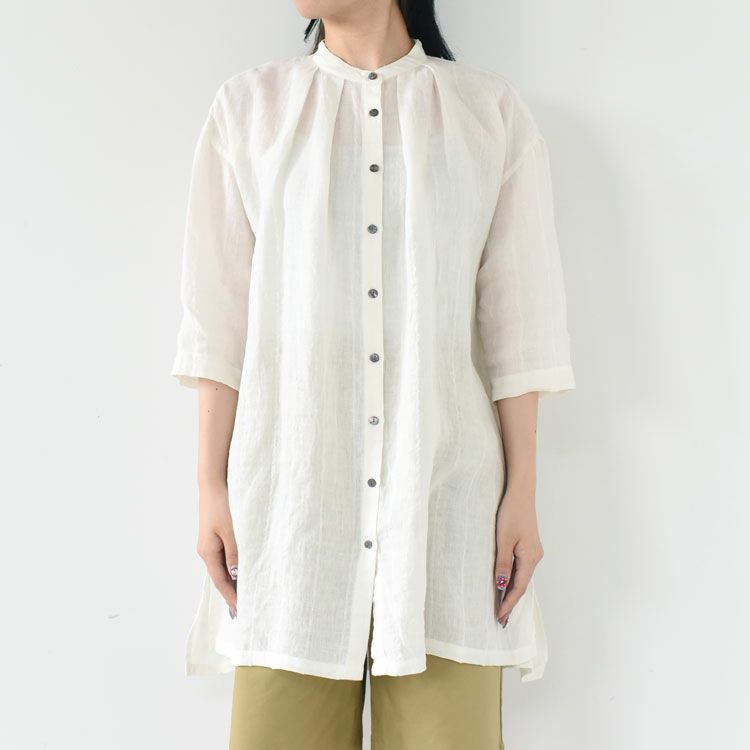 リネンサッカーバンドカラーロングブラウス