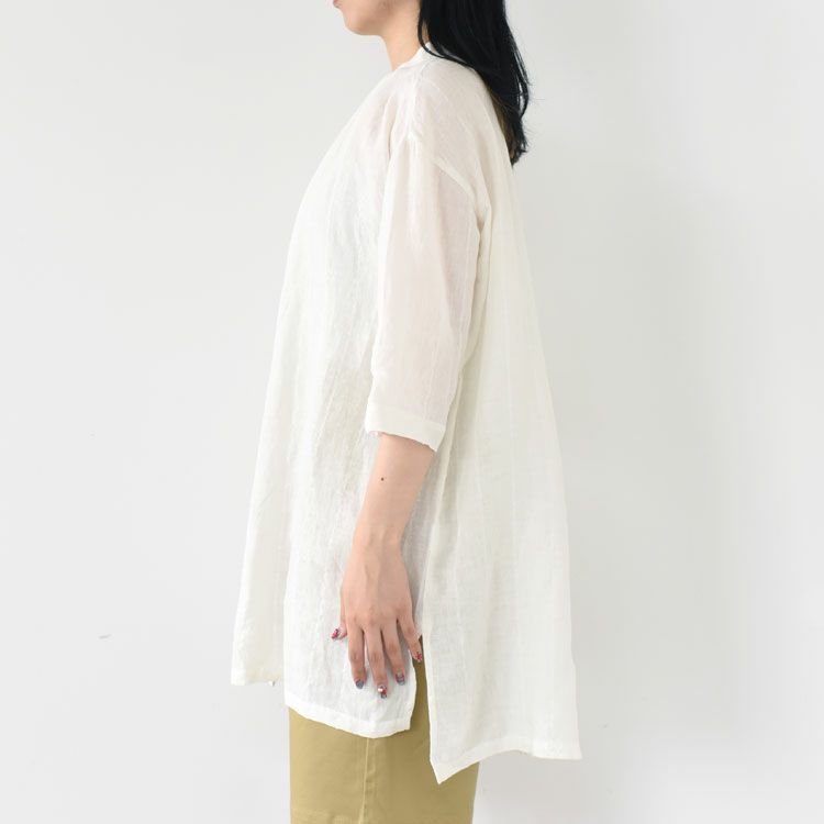 リネンサッカーバンドカラーロングブラウス