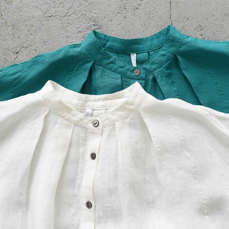 リネンサッカーバンドカラーロングブラウス